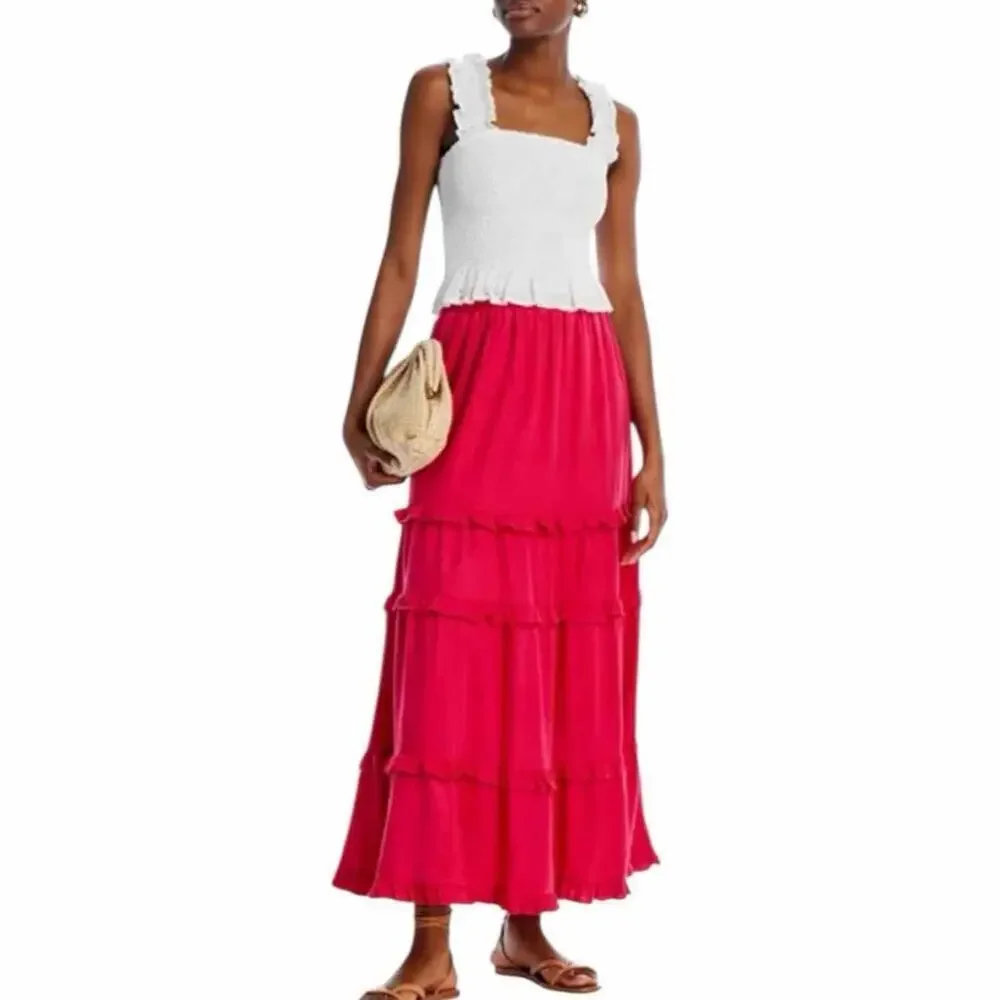 Cupio Ruffle Tiered Maxi Modest Linen Blend  Skirt Size Medium Elastic Waist